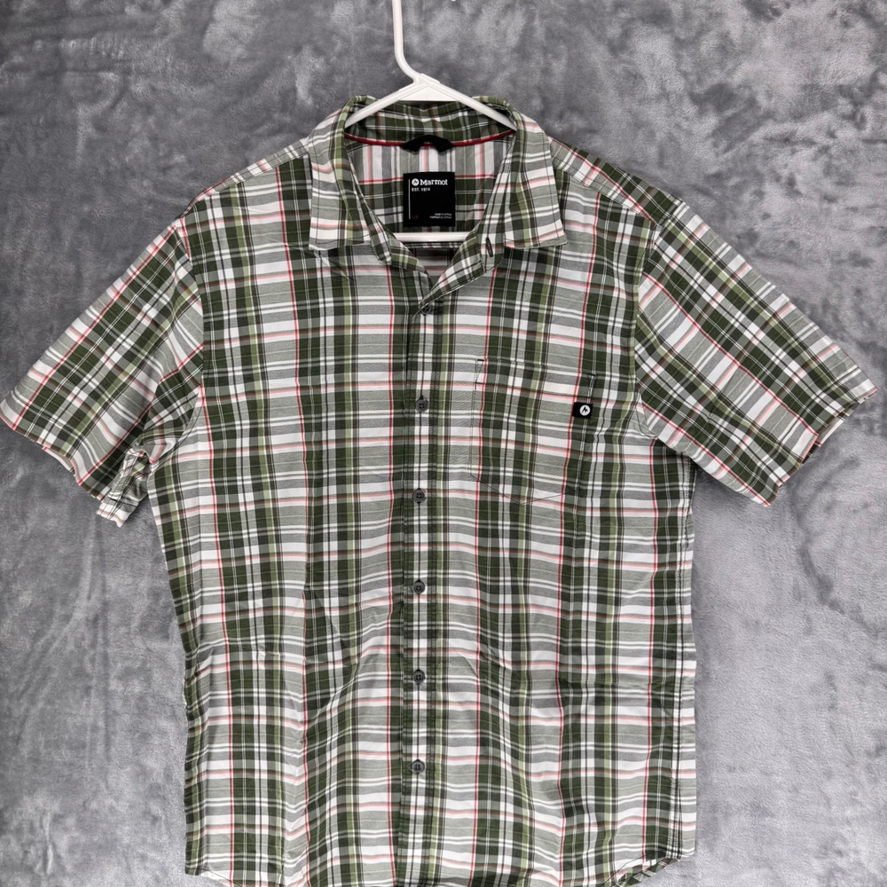 Marmot Men's Plaid Short Sleeve Button Up Shirt‎ Green Red White Size L G